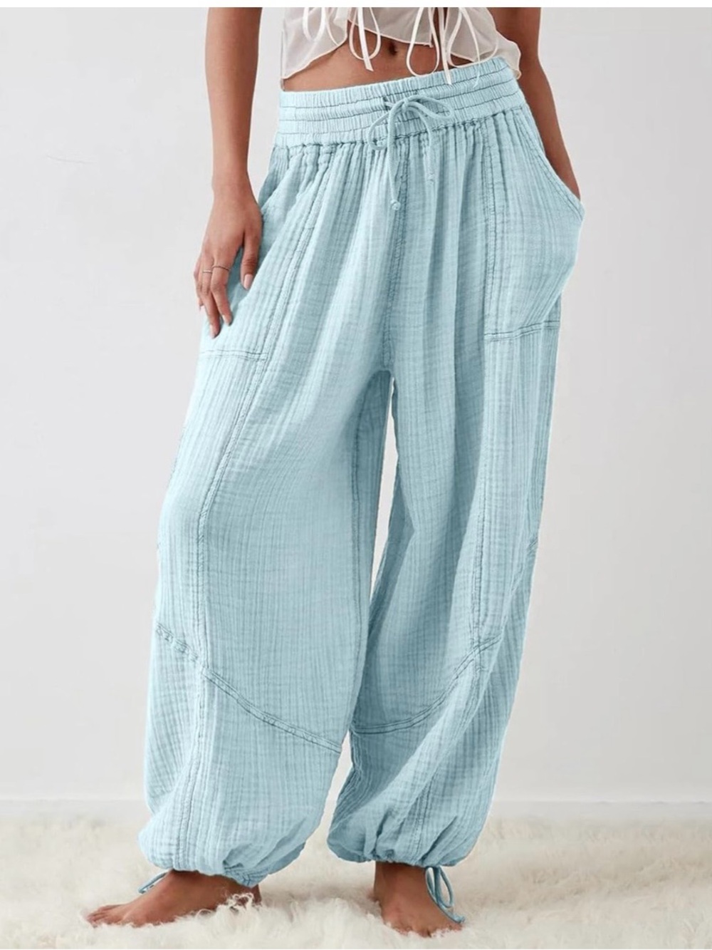 Amazon Light Blue gauze print Drawstring Wide-Leg Cotton Pants